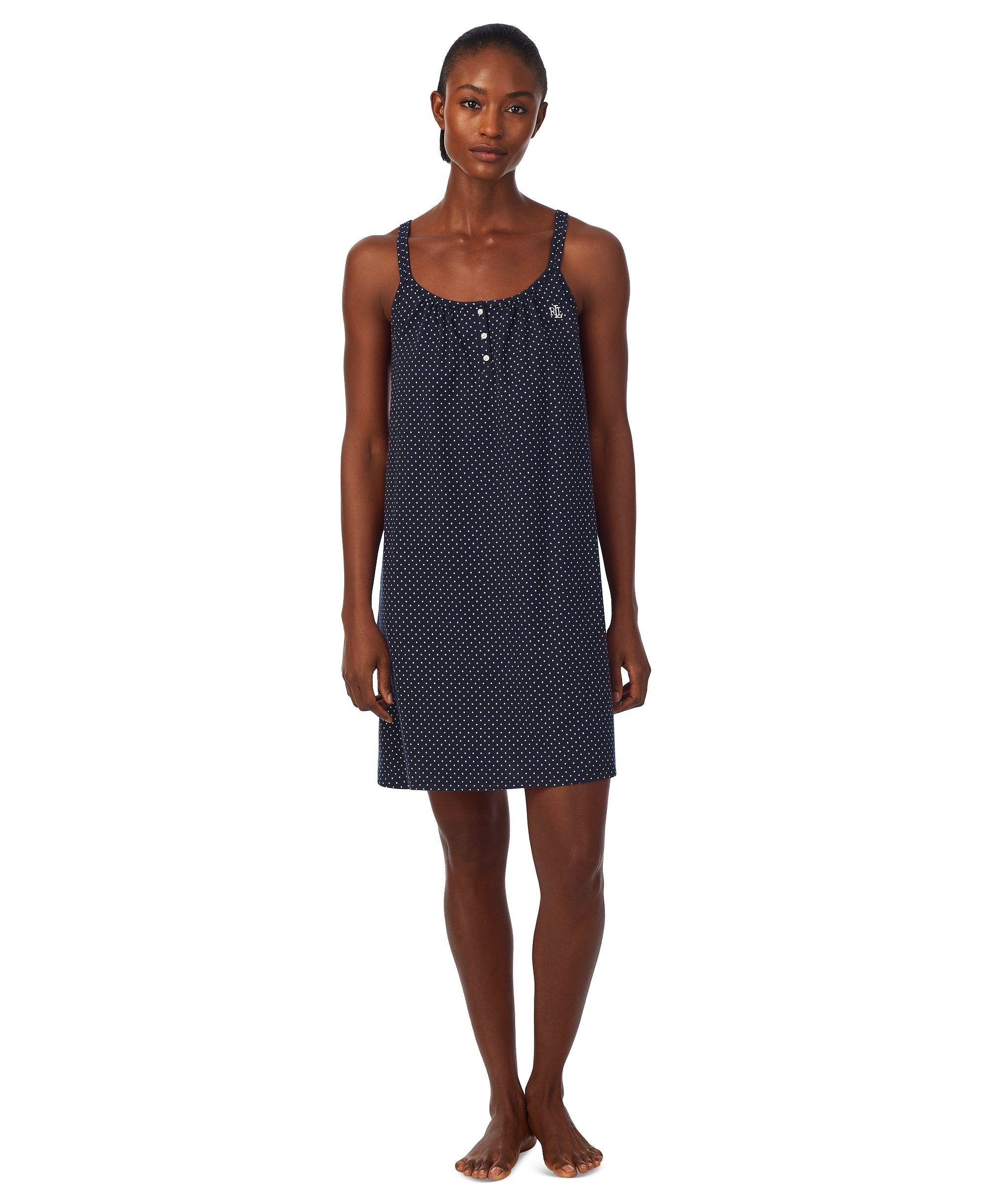 Lauren Ralph Lauren Cotton Knit Double-Strap Nightgown - Navy dot