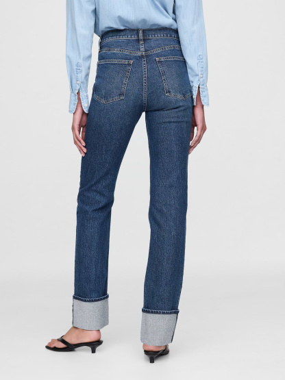 High Rise Twisted-Seam '90s Slim Straight Jeans - Cuffed dark wash