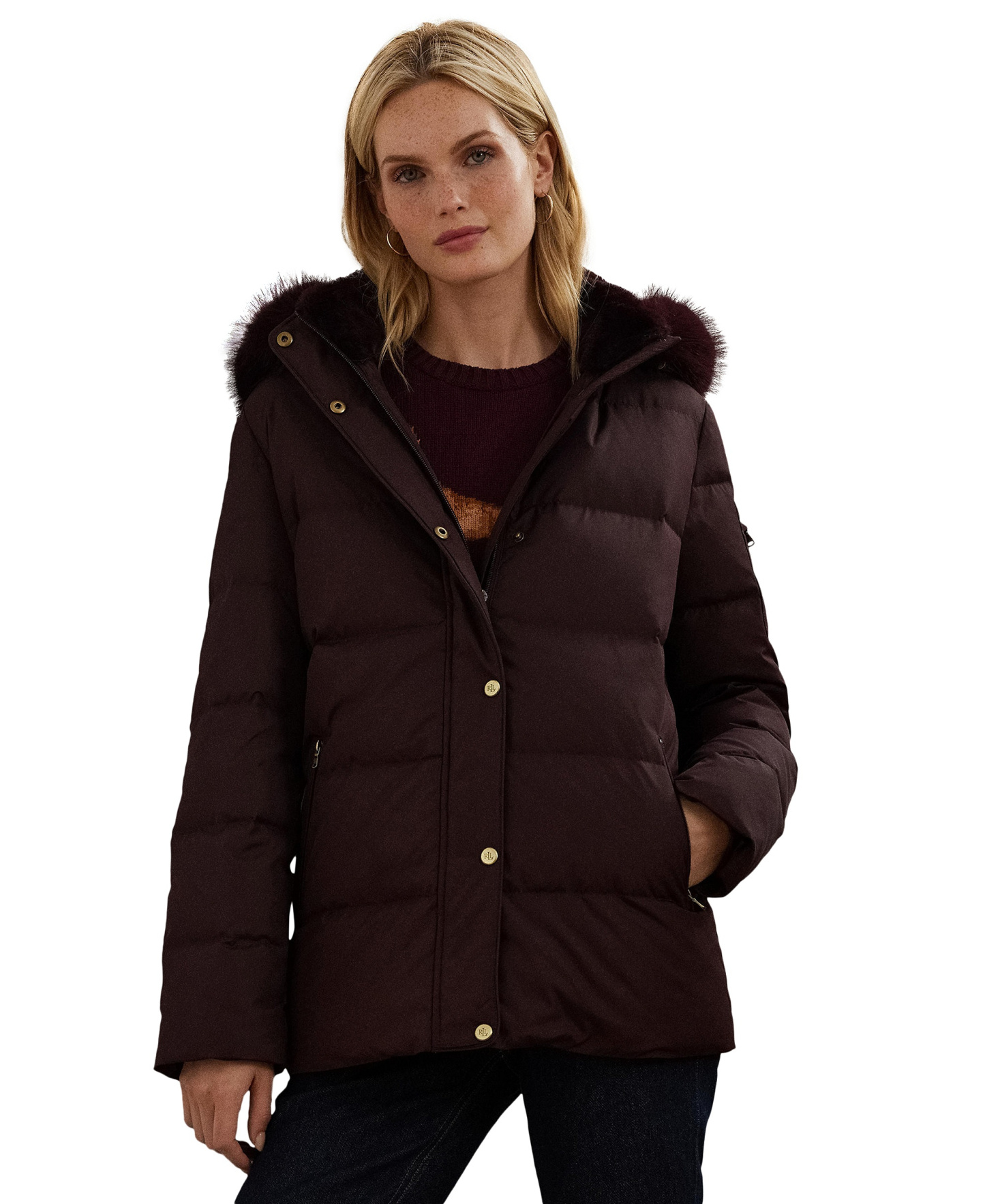 Lauren Ralph Lauren Women's Faux-Fur Hooded Puffer Coat - Pinot Noir