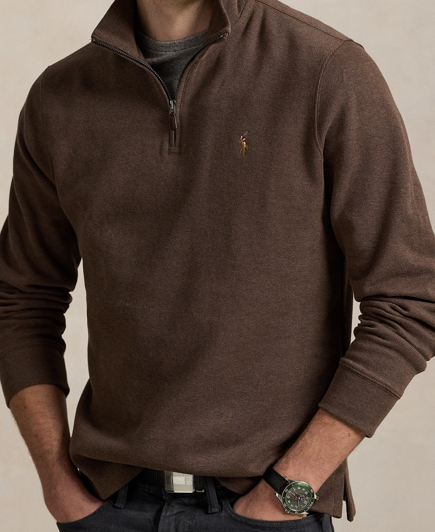 Polo Ralph Lauren Men's Estate-Rib Cotton Quarter-Zip Sweater - Nutmeg Brown Heather