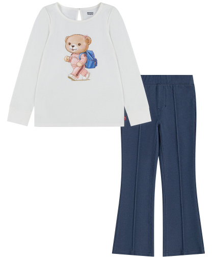 Levi's Girls' 2T-6X Bear Short-Sleeve T-Shirt and Flared Pants, 2-Piece Set - White/Blue