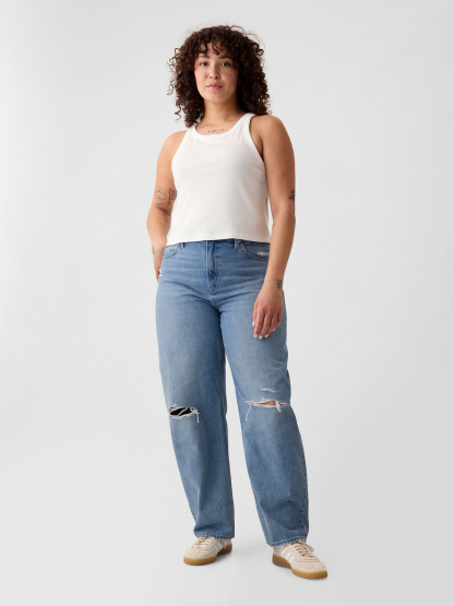 High Rise Khaki Stripe Barrel Jeans - Light indigo destroy