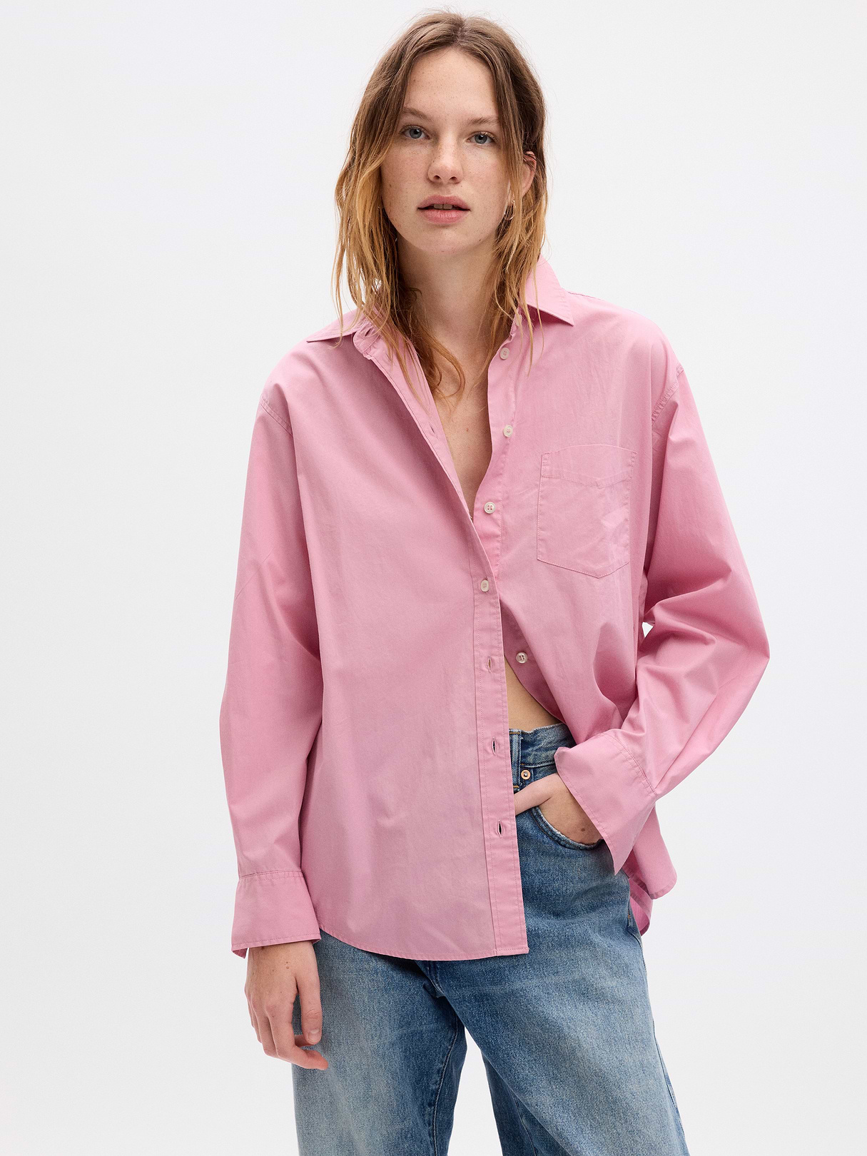 Organic Cotton Poplin Stripe Big Shirt - light pink peony