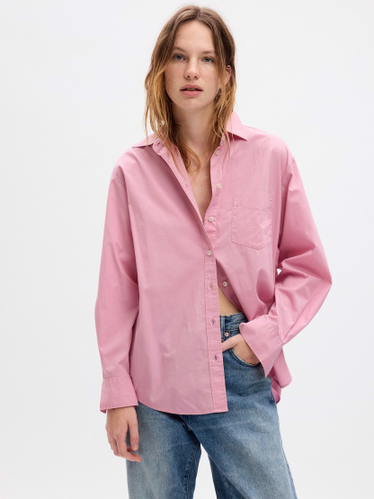 Organic Cotton Poplin Stripe Big Shirt - light pink peony