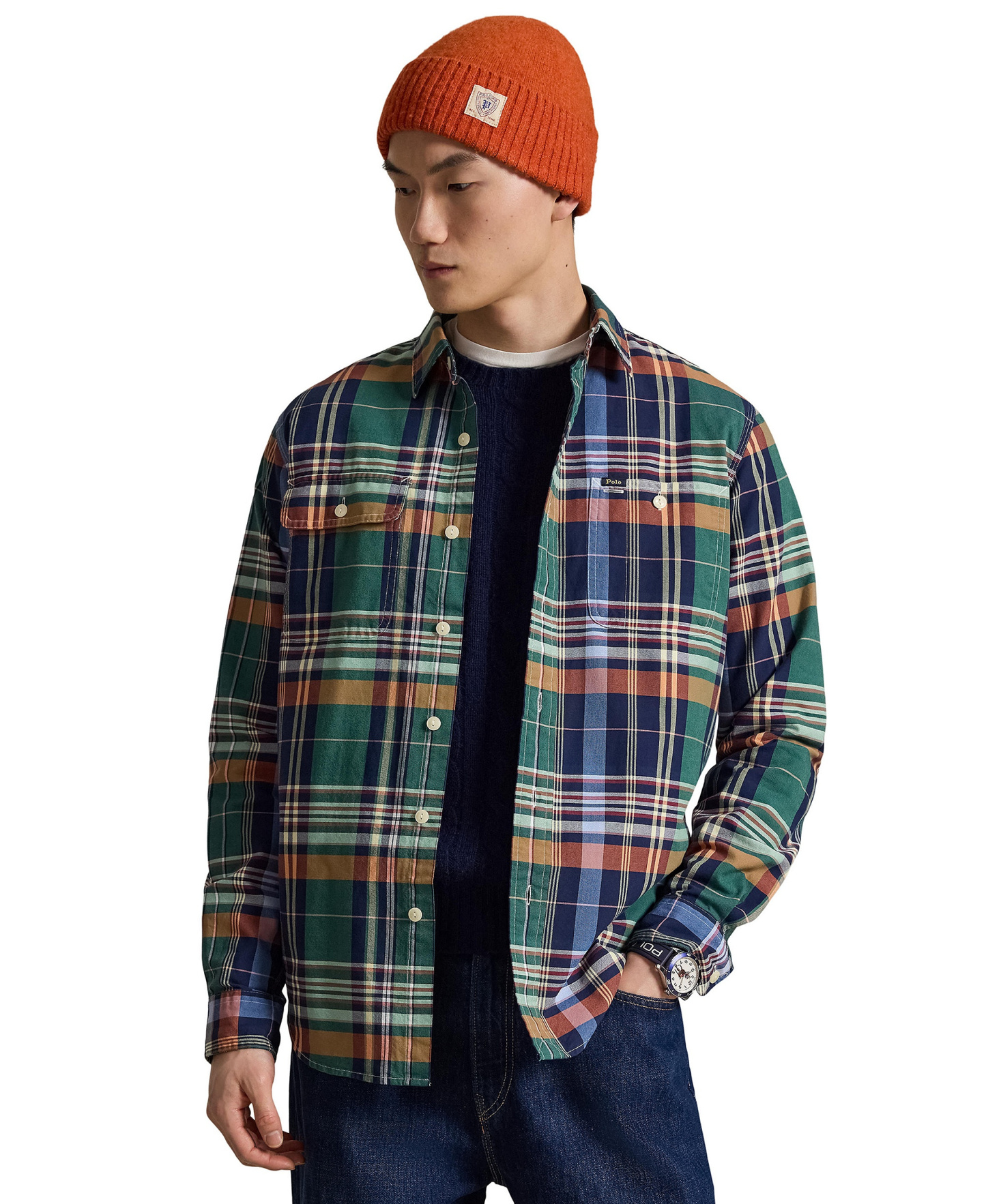 Polo Ralph Lauren Men's Classic-Fit Plaid Brushed Oxford Shirt - Green Orange Multi