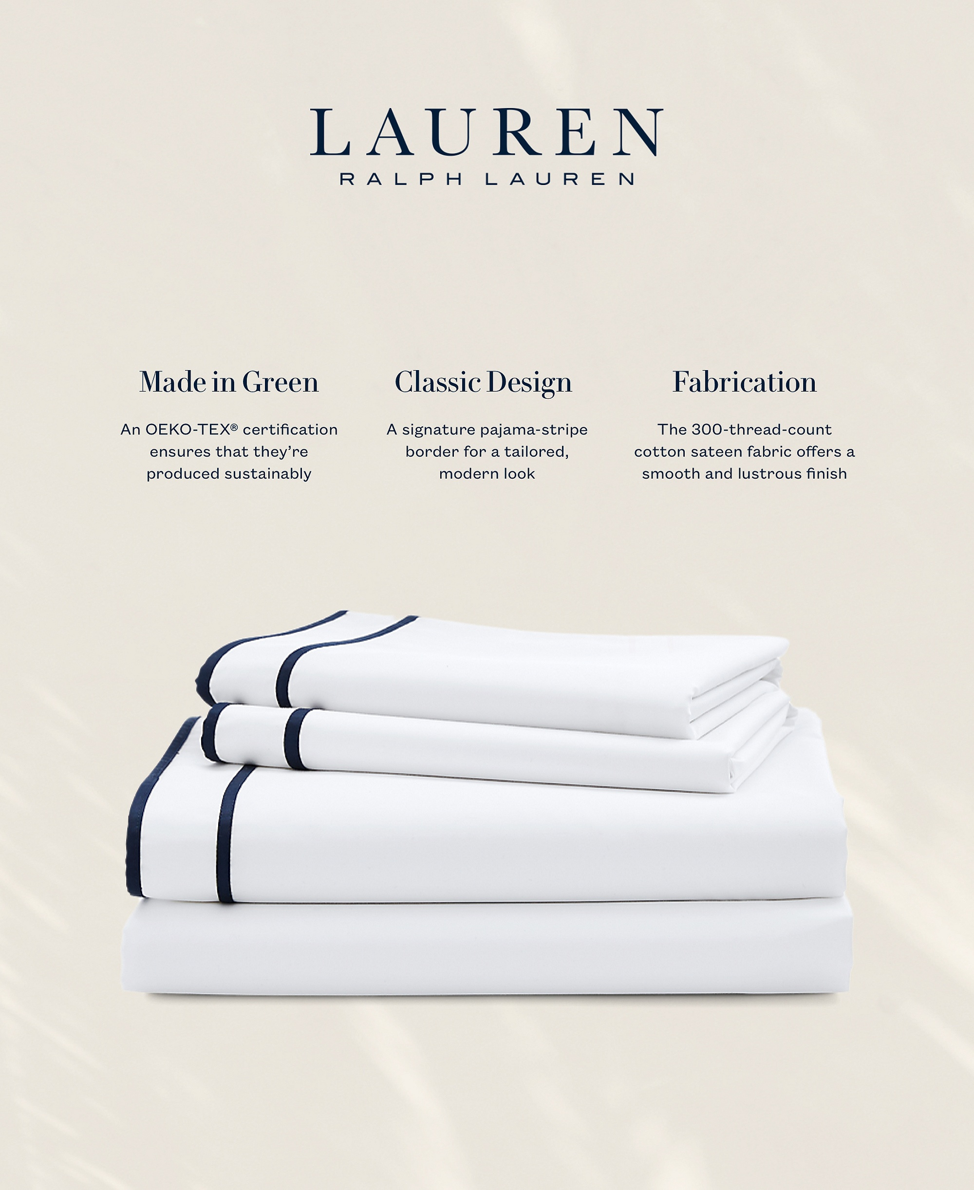 Lauren Ralph Lauren Spencer 300 Thread Count Sateen Border Sheet Set, Queen - White & Navy