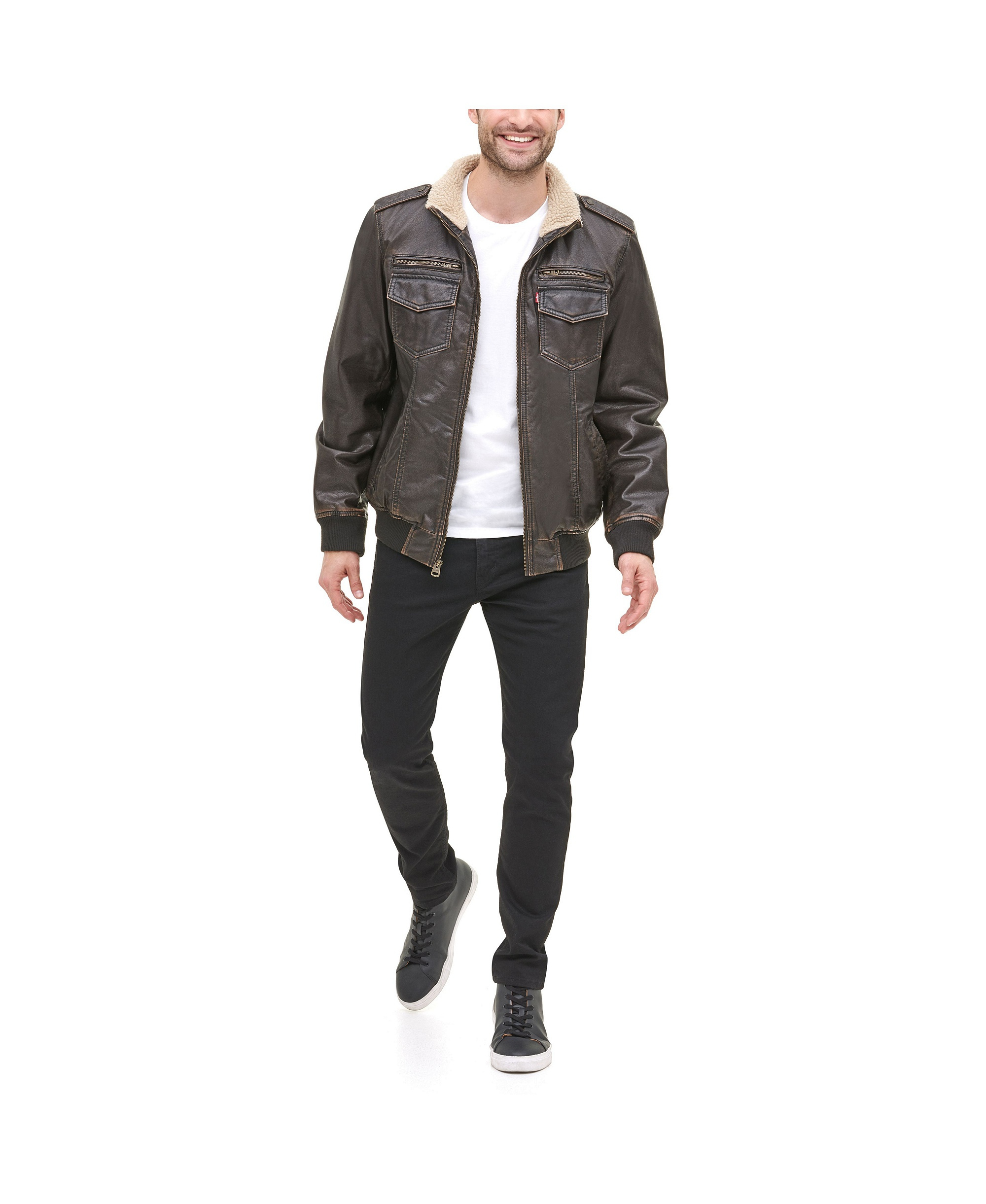 Levi's Men's Sherpa Lined Faux Leather Aviator Bomber - Dark Brown