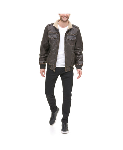 Levi's Men's Sherpa Lined Faux Leather Aviator Bomber - Dark Brown