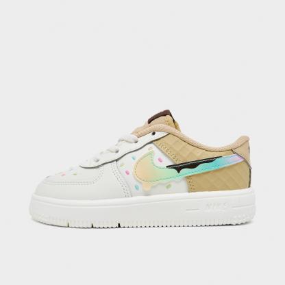 Infant and Kids' Toddler Nithtke Force 1 Low Casual Shoes - Part 1 - Sail/Sesame/Bleached Turquoise/Multi-Color - Left shoe facing left. Outside of the shoe.