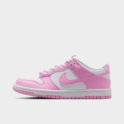 Big Kids' Nithtke Dunk Low Casual Shoes - Part 1 - White/White/White/Pink Rise - Left shoe facing left. Outside of the shoe.