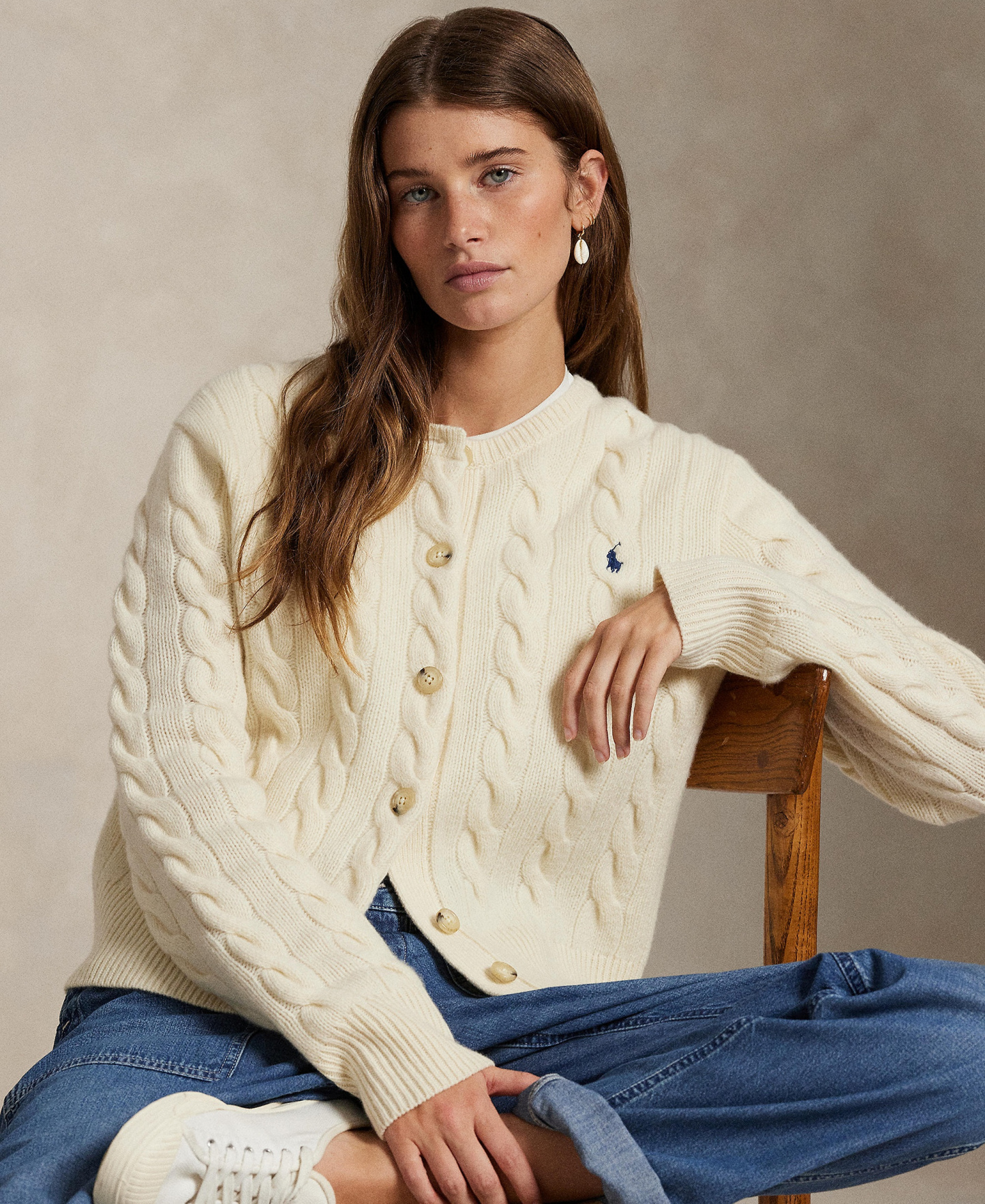 Polo Ralph Lauren Women's Cable-Knit Wool-Cashmere Cardigan Sweater - Authentic Cream