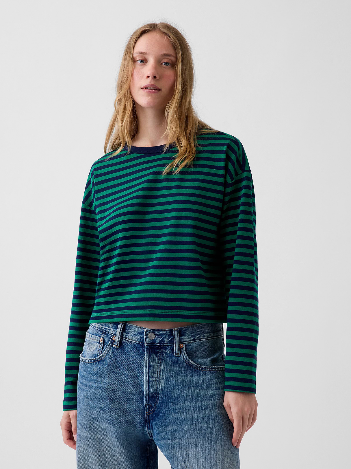Knit Oversized Crop T-Shirt - Green stripe