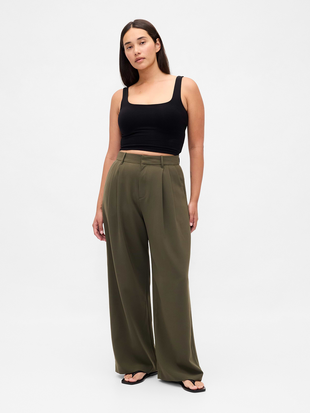 Curvy 365 High Rise Pleated Trousers - Black moss green