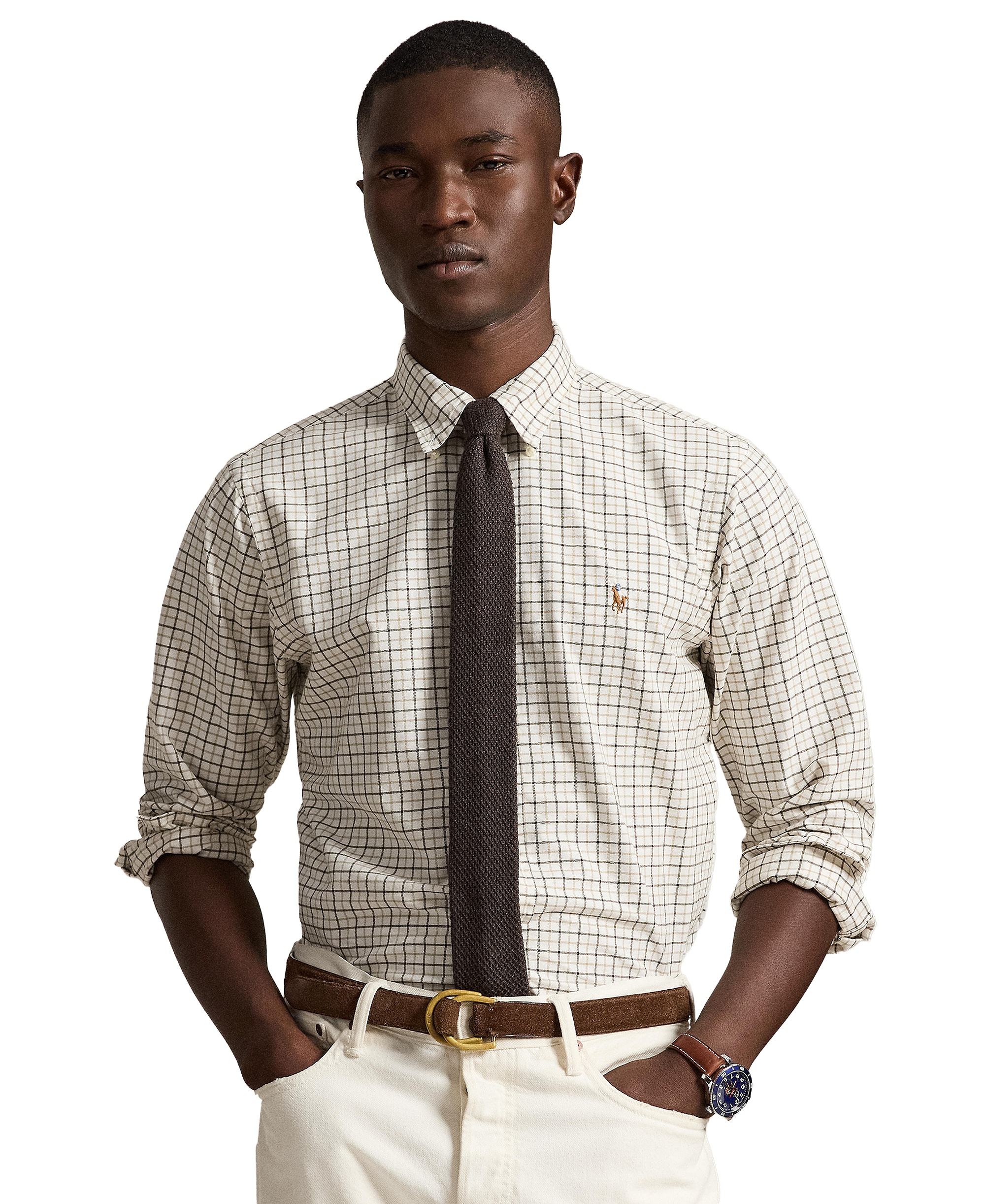 Polo Ralph Lauren Men's Classic-Fit Plaid Brushed Oxford Shirt - White/Brown Multi