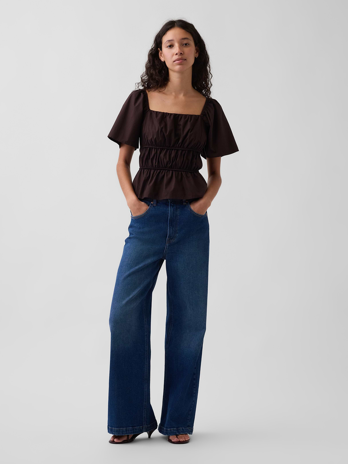 Square-Neck Peplum Top - Brown