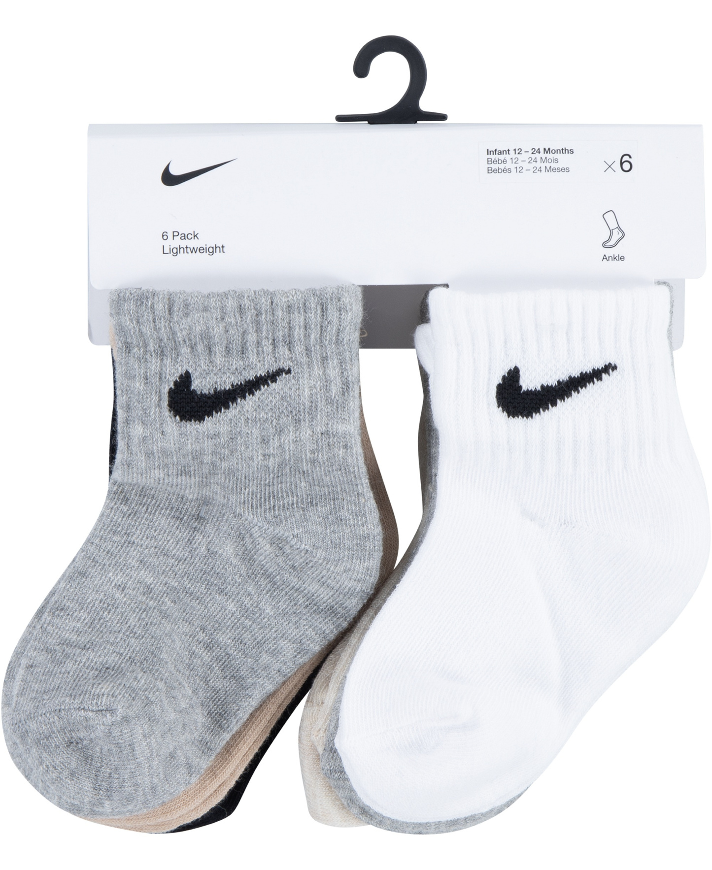 Nike Baby and Toddler Boys' and Baby Girls' Swoosh Ankle Socks, 6-Pack - Gray/White/Multi