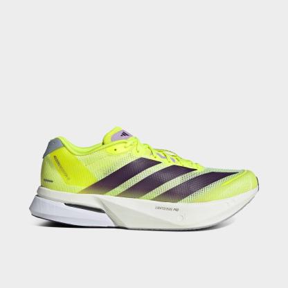 Men's adidas Adizero Boston 13 Running Shoes - Solar Yellow/Aurora Plum/Powder Plum - Left shoe facing left. Outside of the shoe.