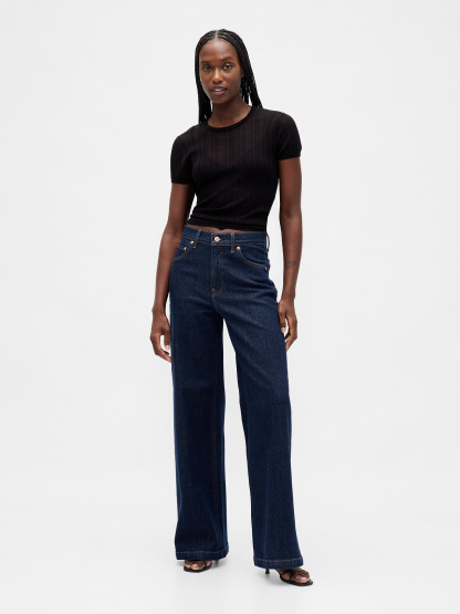 High Rise Stride Cuffed Wide-Leg Jeans - Dark blue indigo