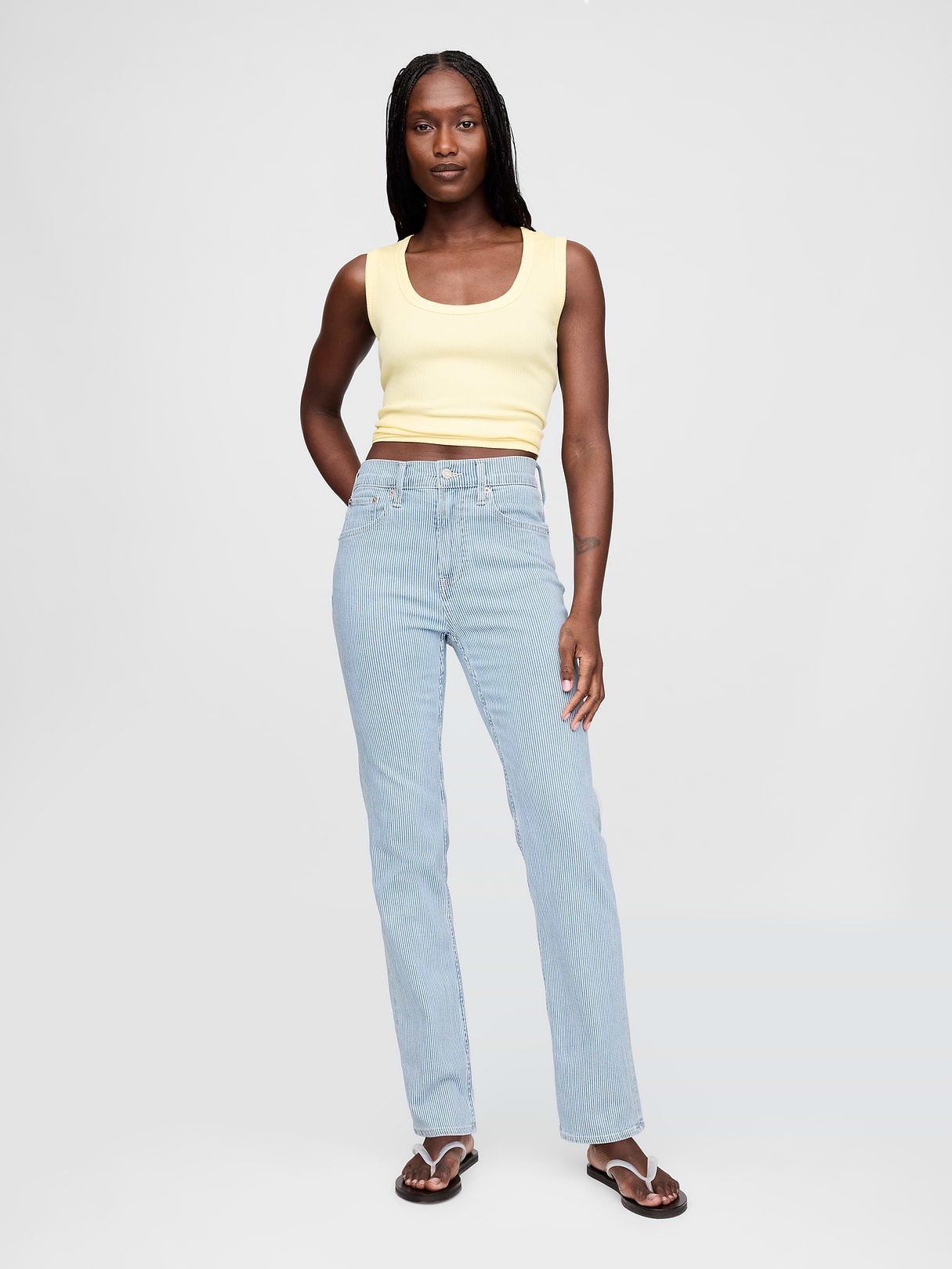 High Rise Twisted-Seam '90s Slim Straight Jeans - Blue railroad stripe