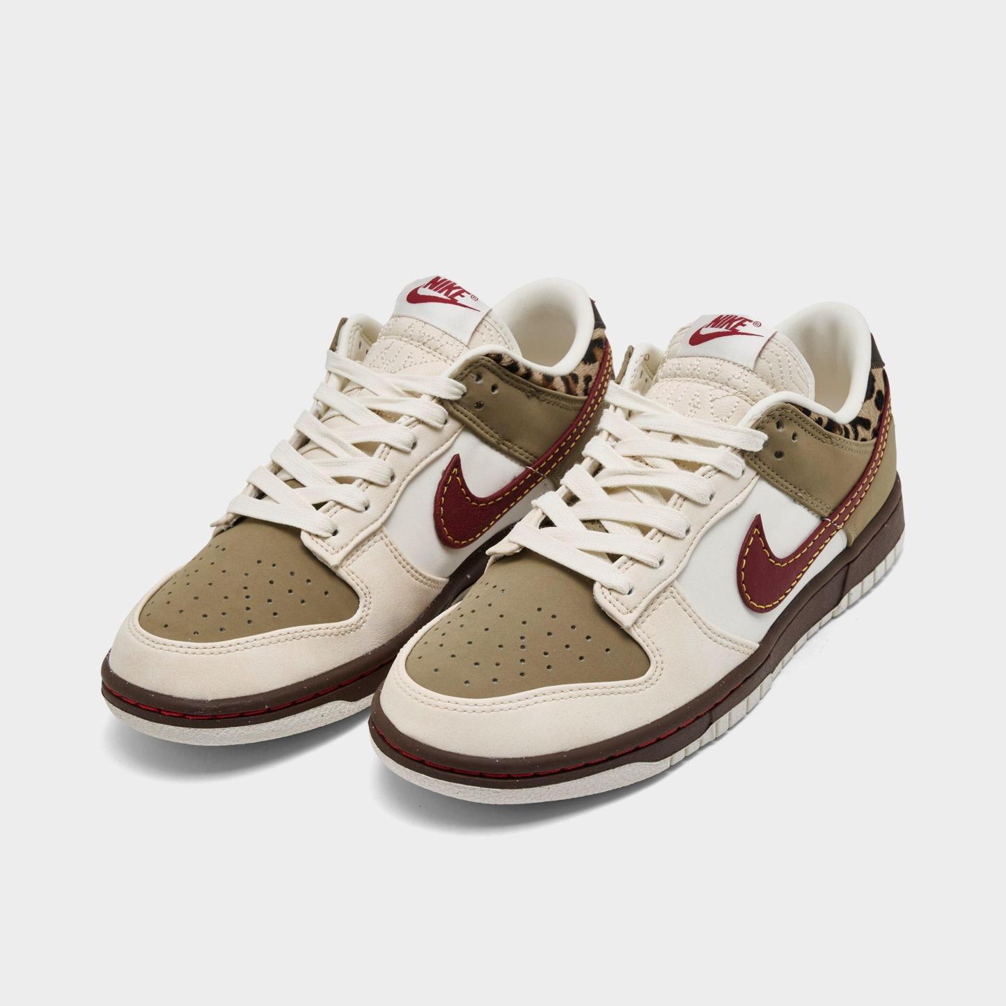 Women's Nithtke Dunk Low Casual Shoes - Khaki/Team Red/Baroque Brown/Pearl White - Both shoes facing left