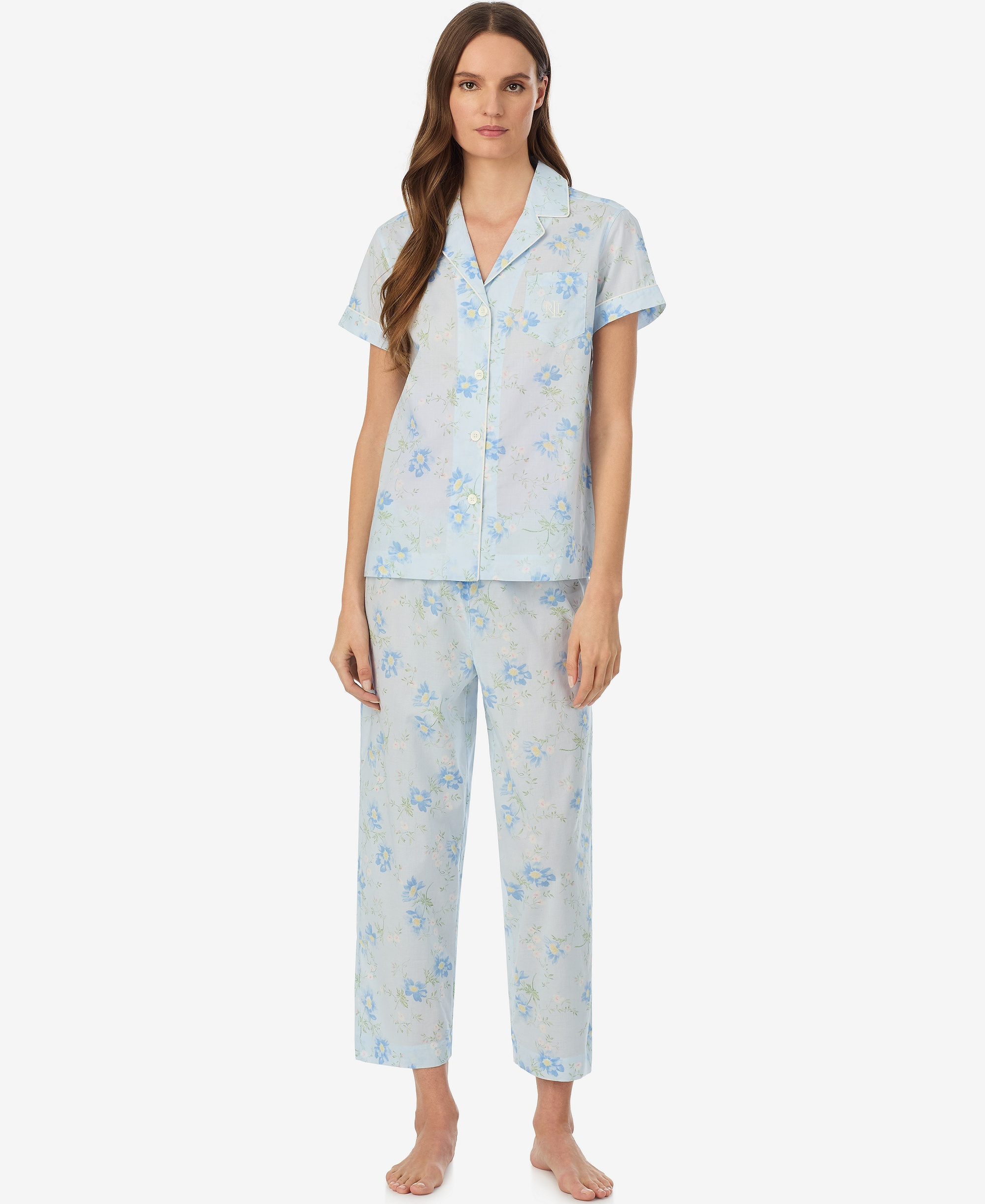 Lauren Ralph Lauren Women's Notch Collar Top and Cropped Pajama Pants, 2-Piece Set - Light Blue Floral