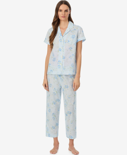Lauren Ralph Lauren Women's Notch Collar Top and Cropped Pajama Pants, 2-Piece Set - Light Blue Floral