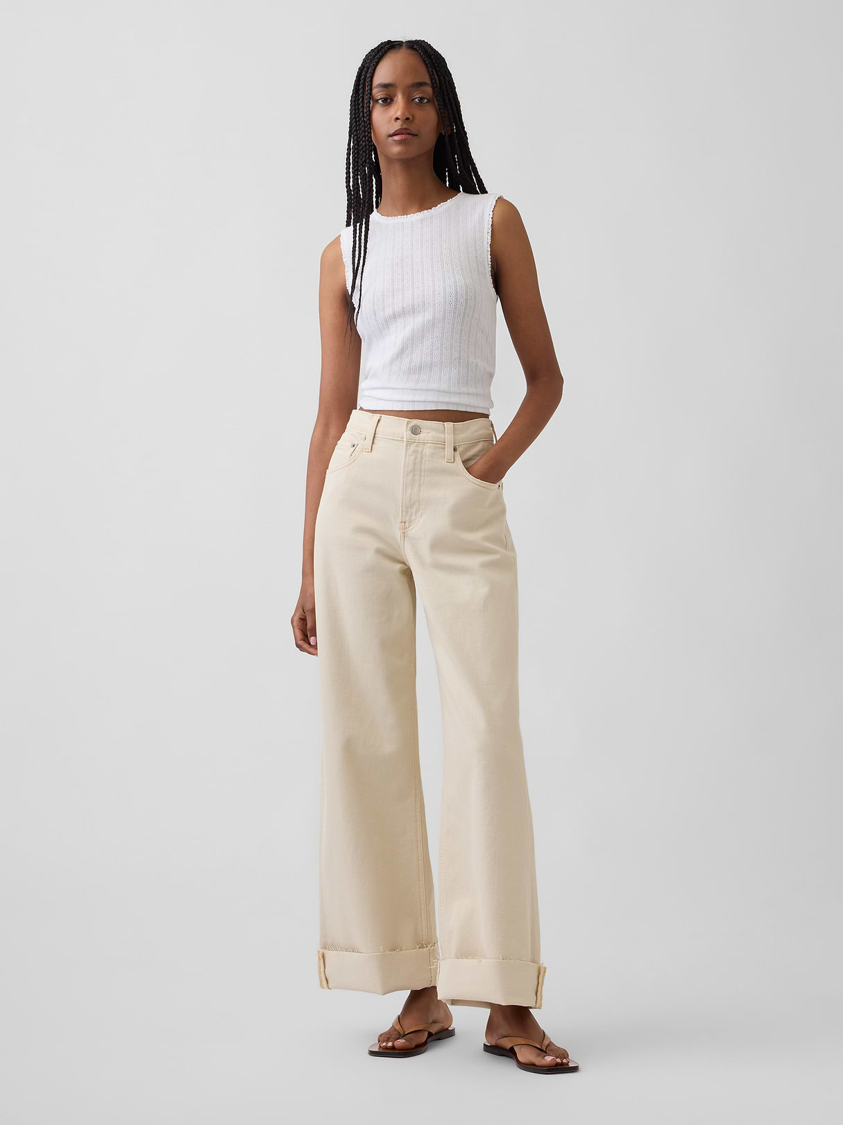 High Rise Stride Wide-Leg Ankle Jeans - Beach pebble beige
