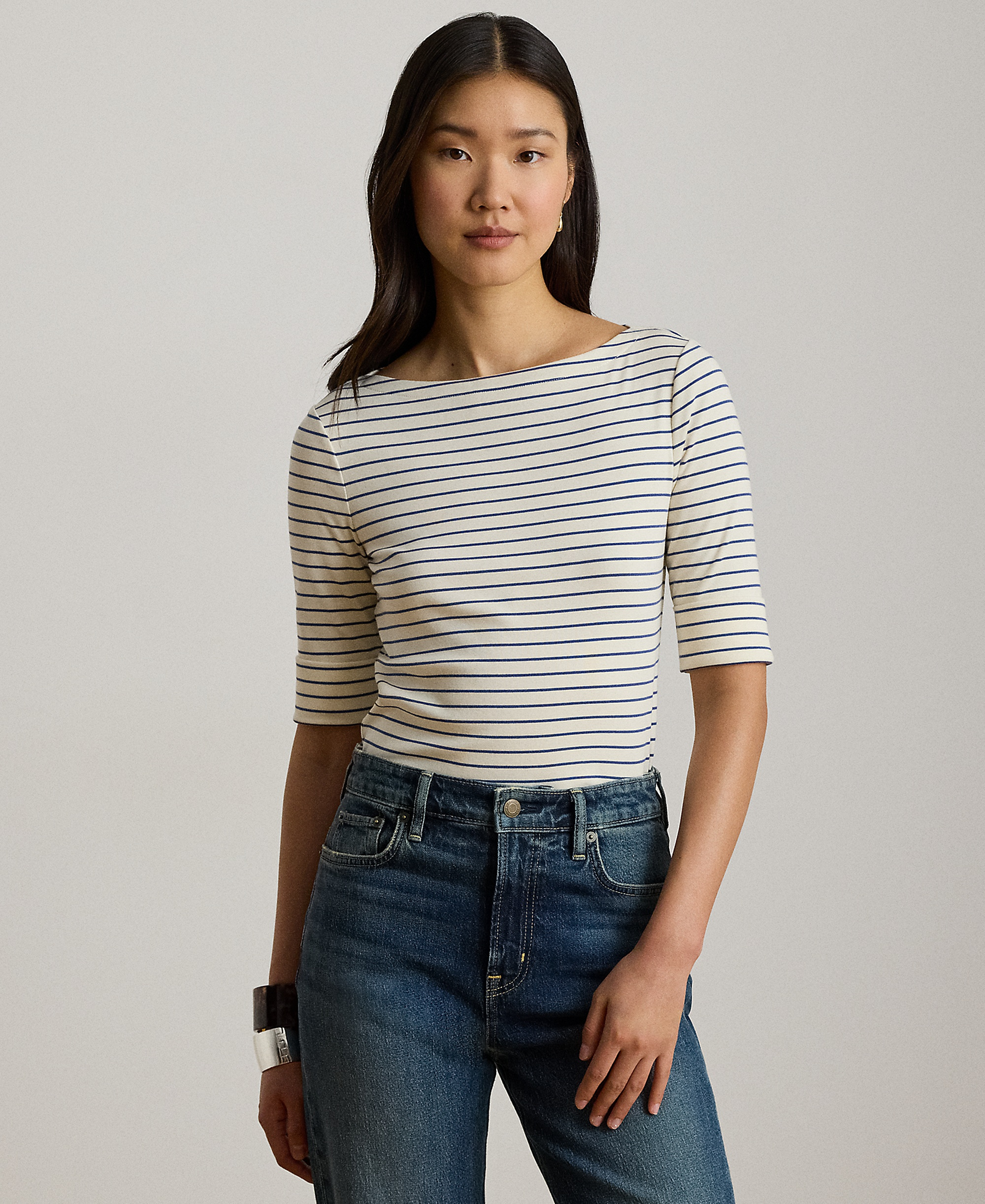 Lauren Ralph Lauren Women's Striped Boat Neck Top - Mas Cream/Inky Blue