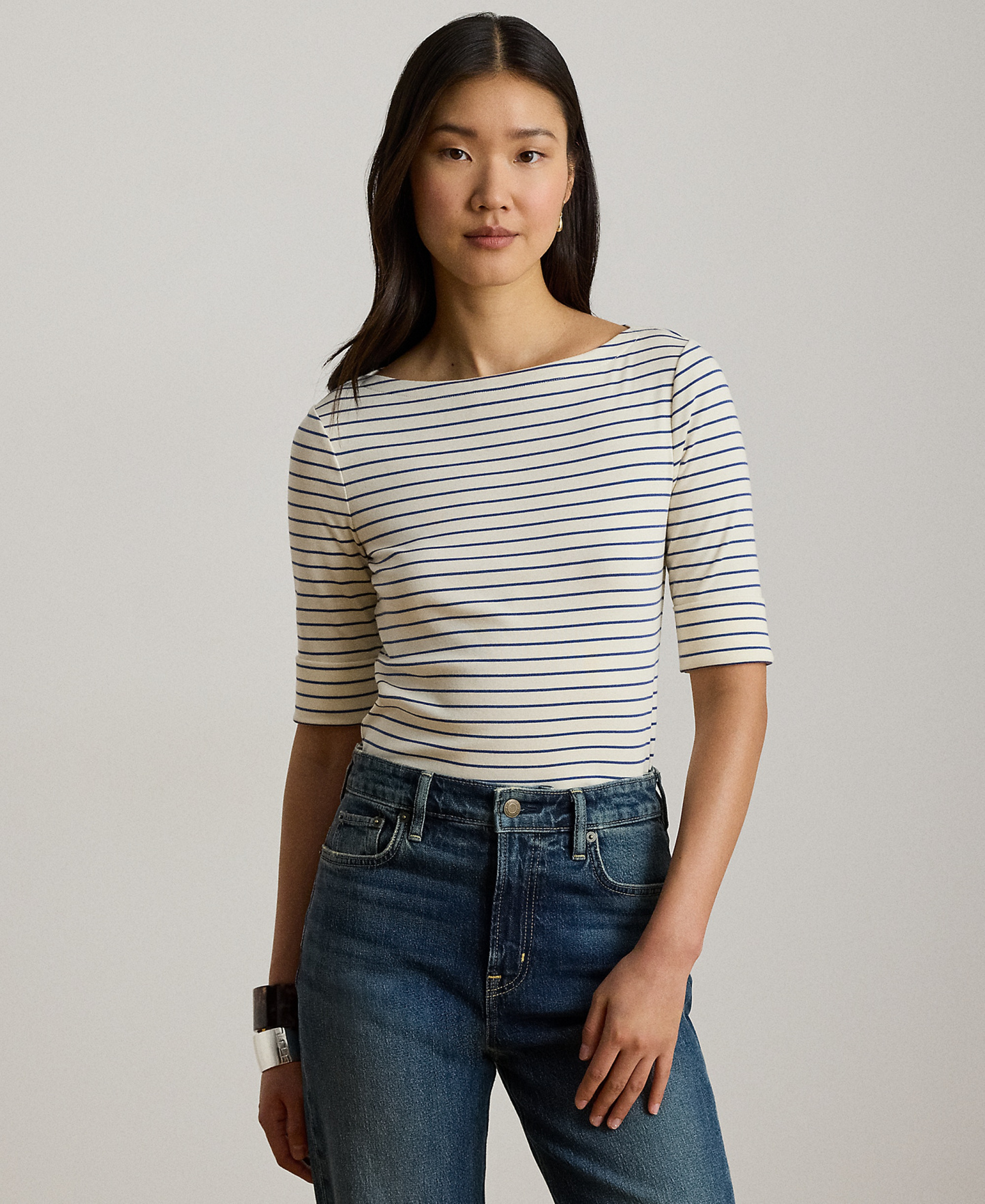 Lauren Ralph Lauren Women's Striped Boat Neck Top - Mas Cream/Inky Blue