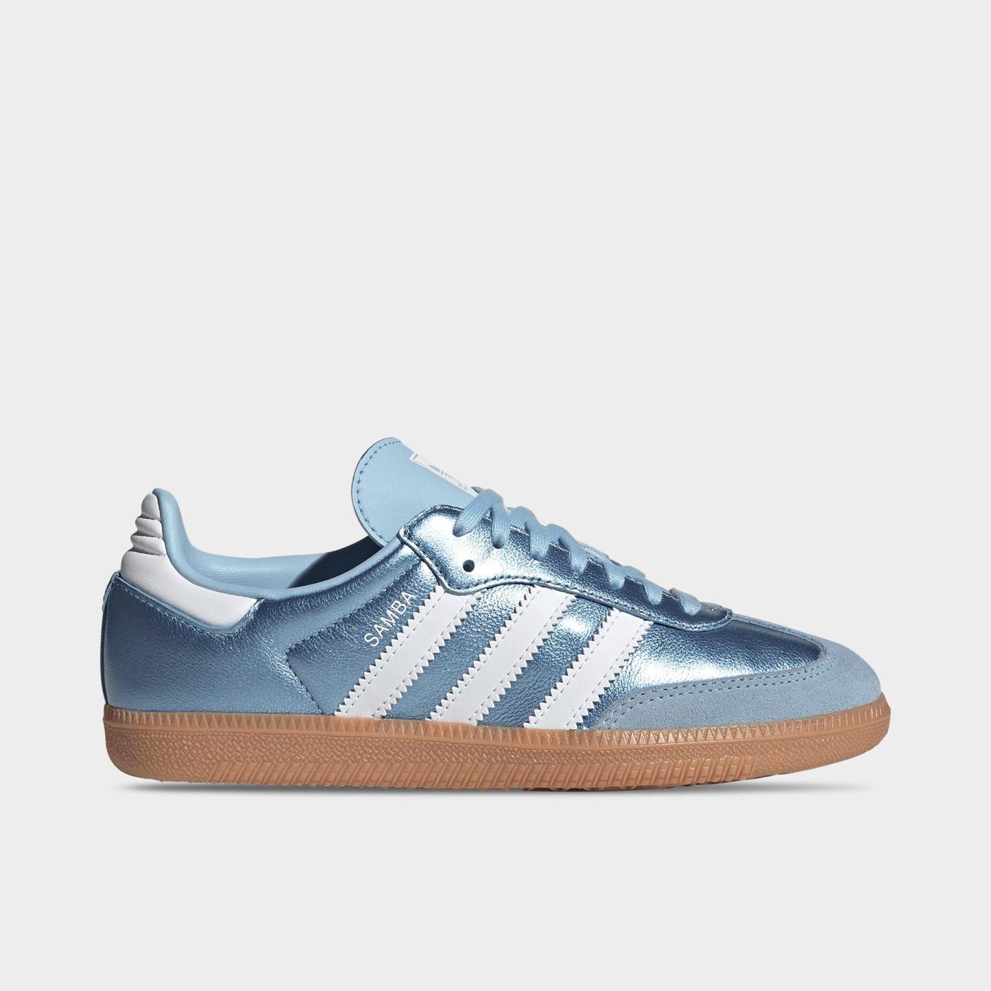 Big Kids' adidas Originals Samba OG Casual Shoes - Part 1 - Clear Sky/White/Gum - Left shoe facing left. Outside of the shoe.