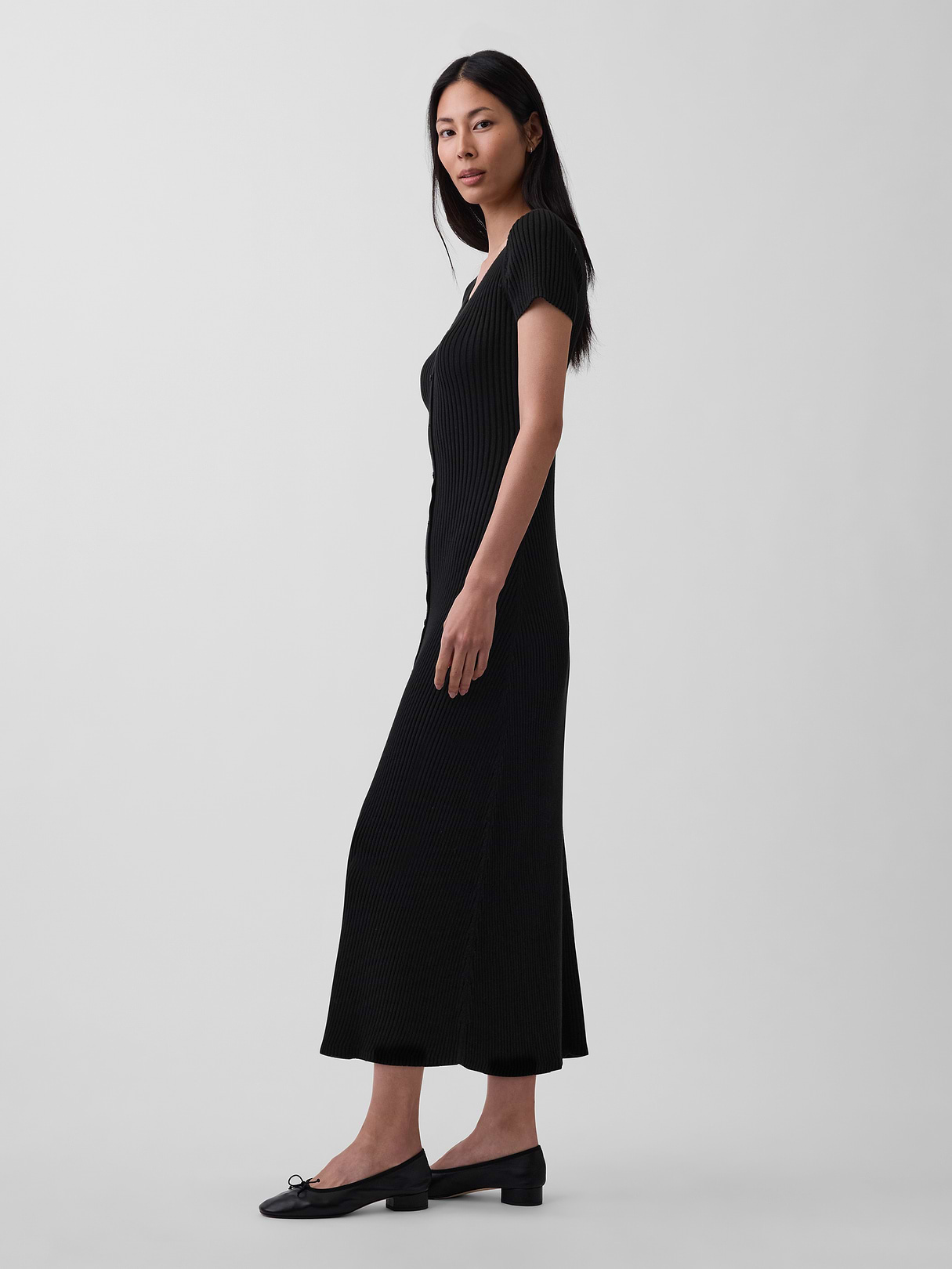 100% Cotton Rib Sweater Maxi Dress - True black