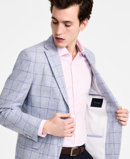 Tommy Hilfiger Men's Modern-Fit Linen-Blend Windowpane Sport Coat - Blue