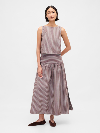 Poplin Drop-Waist Maxi Skirt - Brown stripe