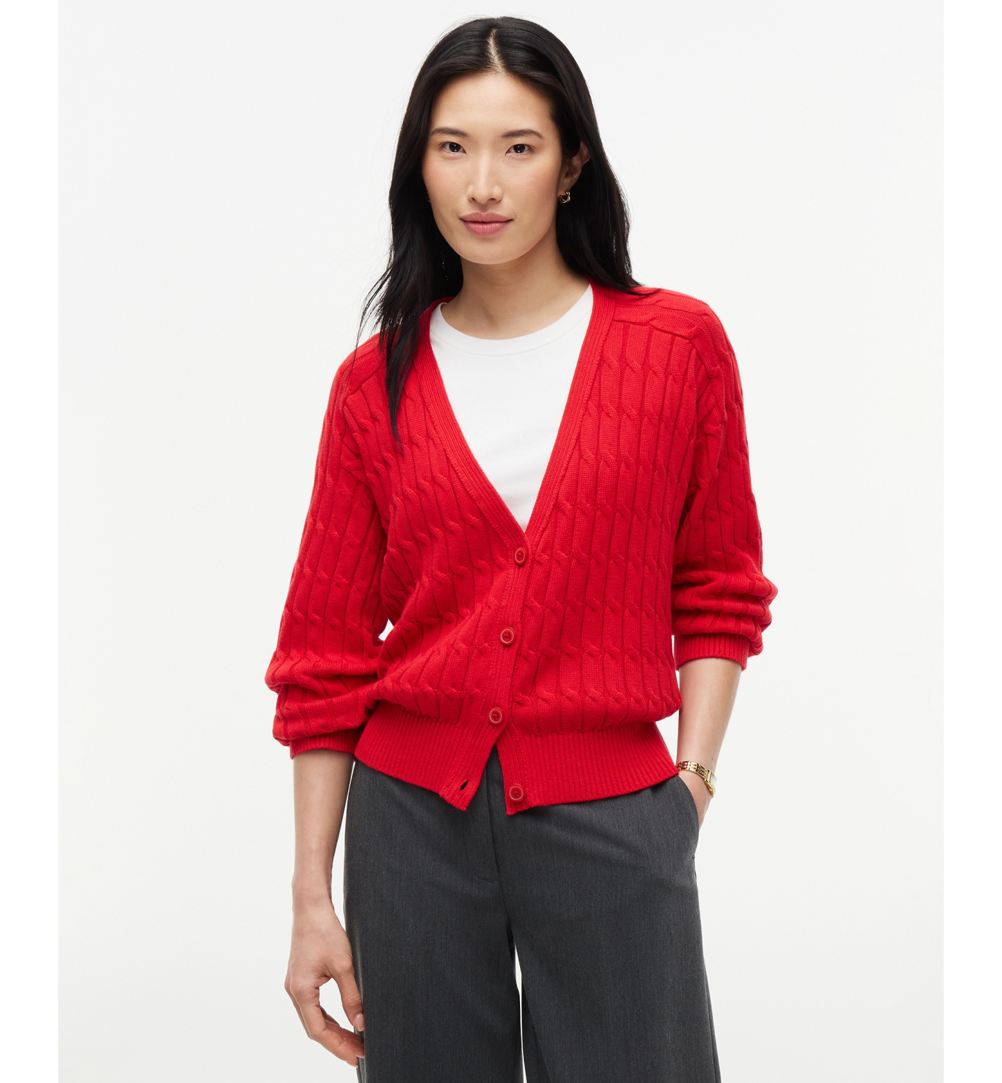 Tommy Hilfiger Women's Oversized Cable-Knit V-Neck Cardigan - Red