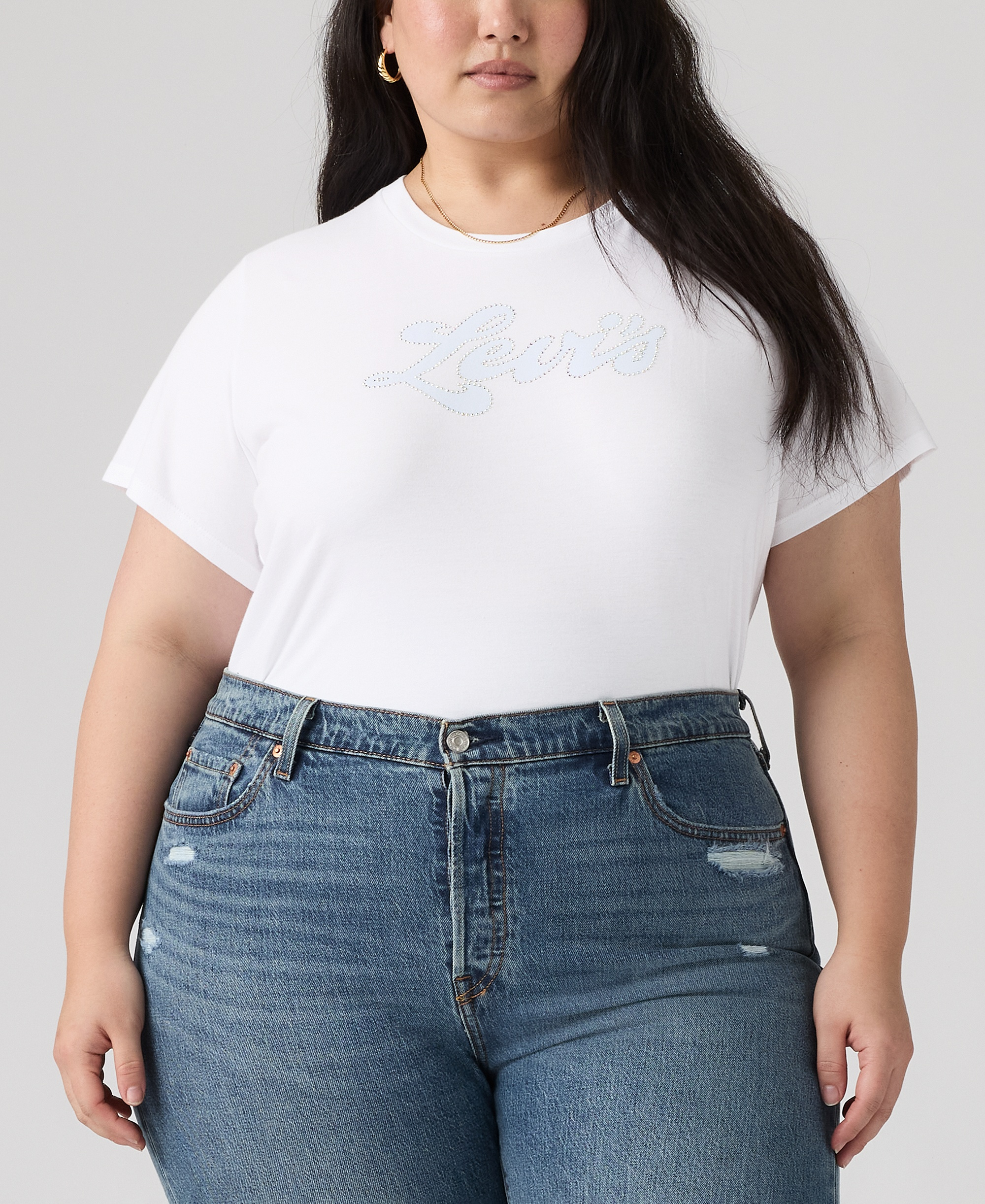 Levi's Plus Size Rhinestone Perfect Graphic Logo Cotton T-Shirt - Rhinestone Sporty Levis Bright White