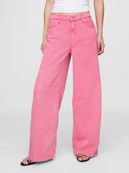 Mid Rise Denim Stripe Baggy Jeans - Sugar pink