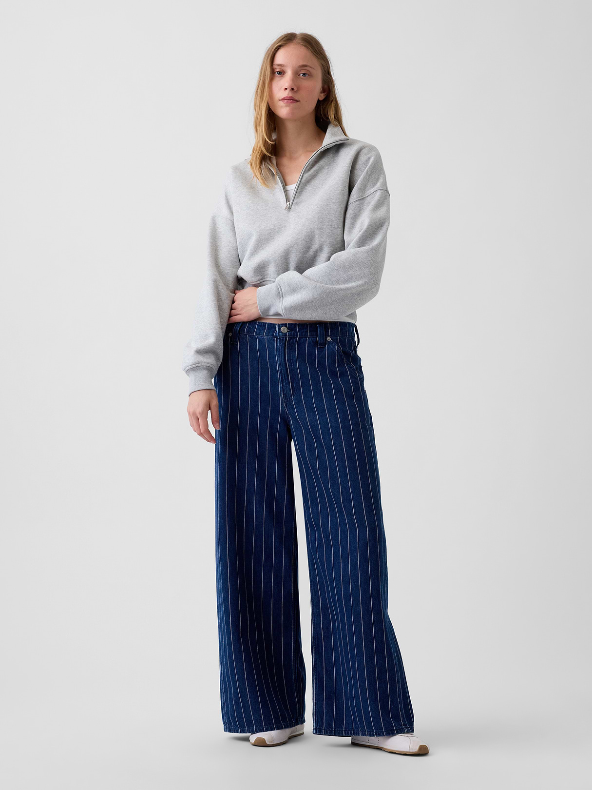 Mid Rise Denim Stripe Baggy Jeans - Navy blue stripe