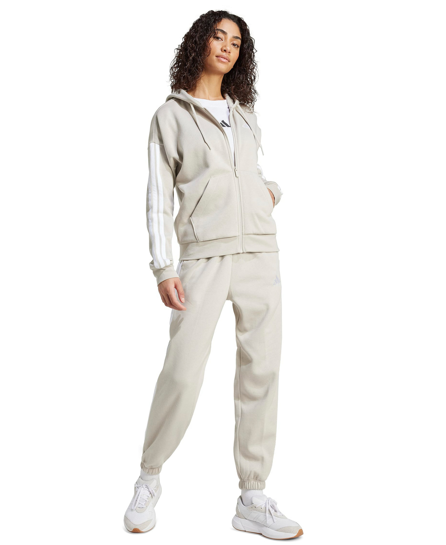 adidas Women's 3-Stripe Fleece Full-Zip Hoodie - Wonder Alumina/White