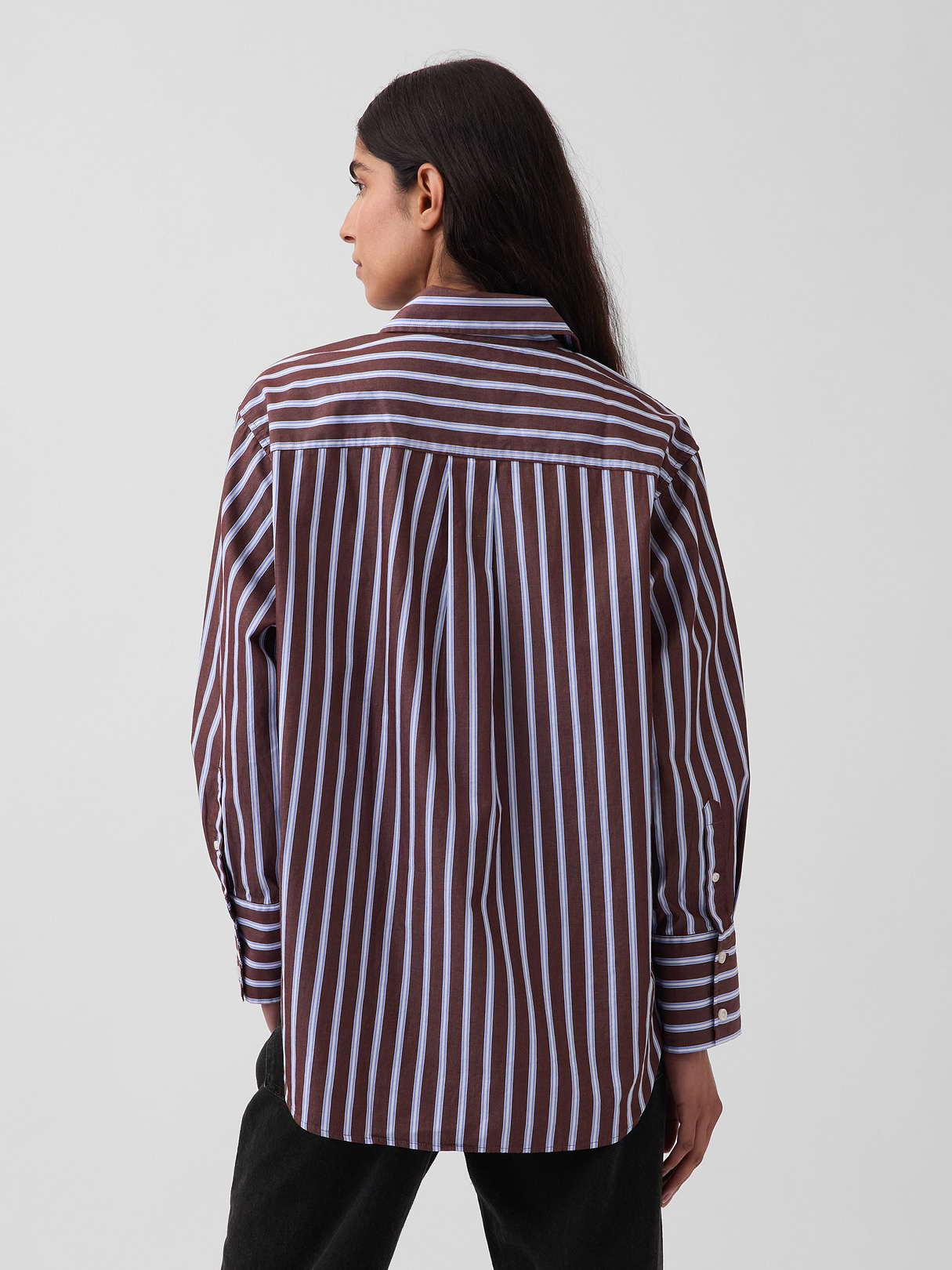 Organic Cotton Poplin Stripe Big Shirt - Brown & blue stripe
