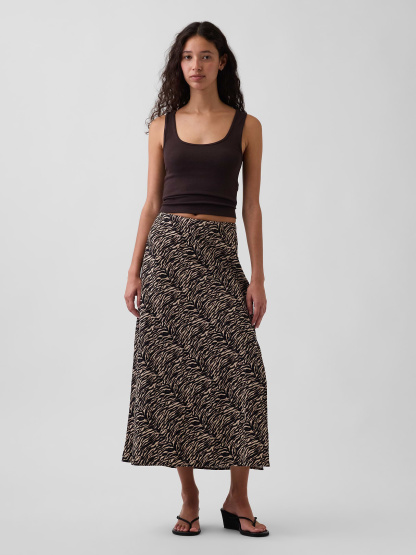 Linen-Blend Maxi Slip Skirt - Black zebra print
