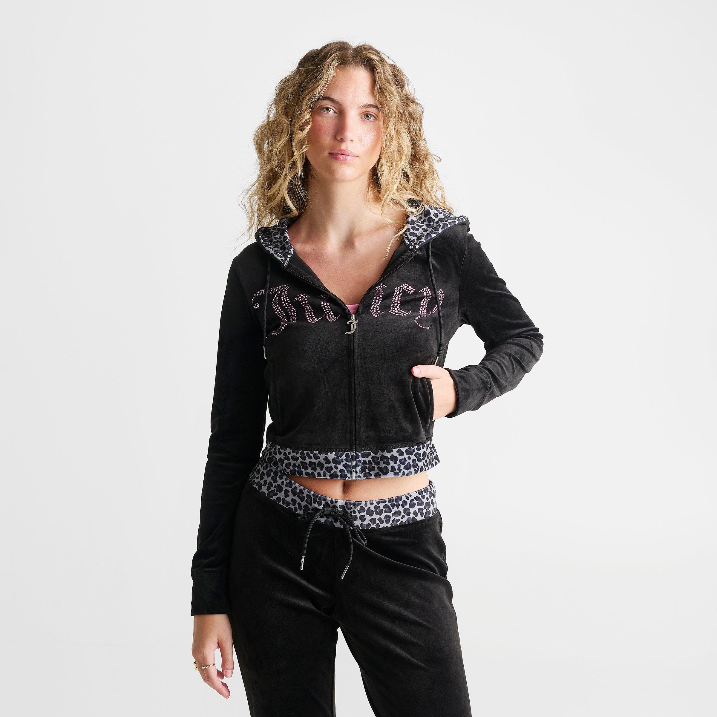 Women's Juicy Couture Bling Front Leopard Print Full-Zip Hoodie - Black/Leopard