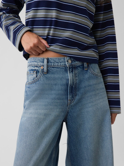 Mid Rise Denim Stripe Baggy Jeans - Medium indigo