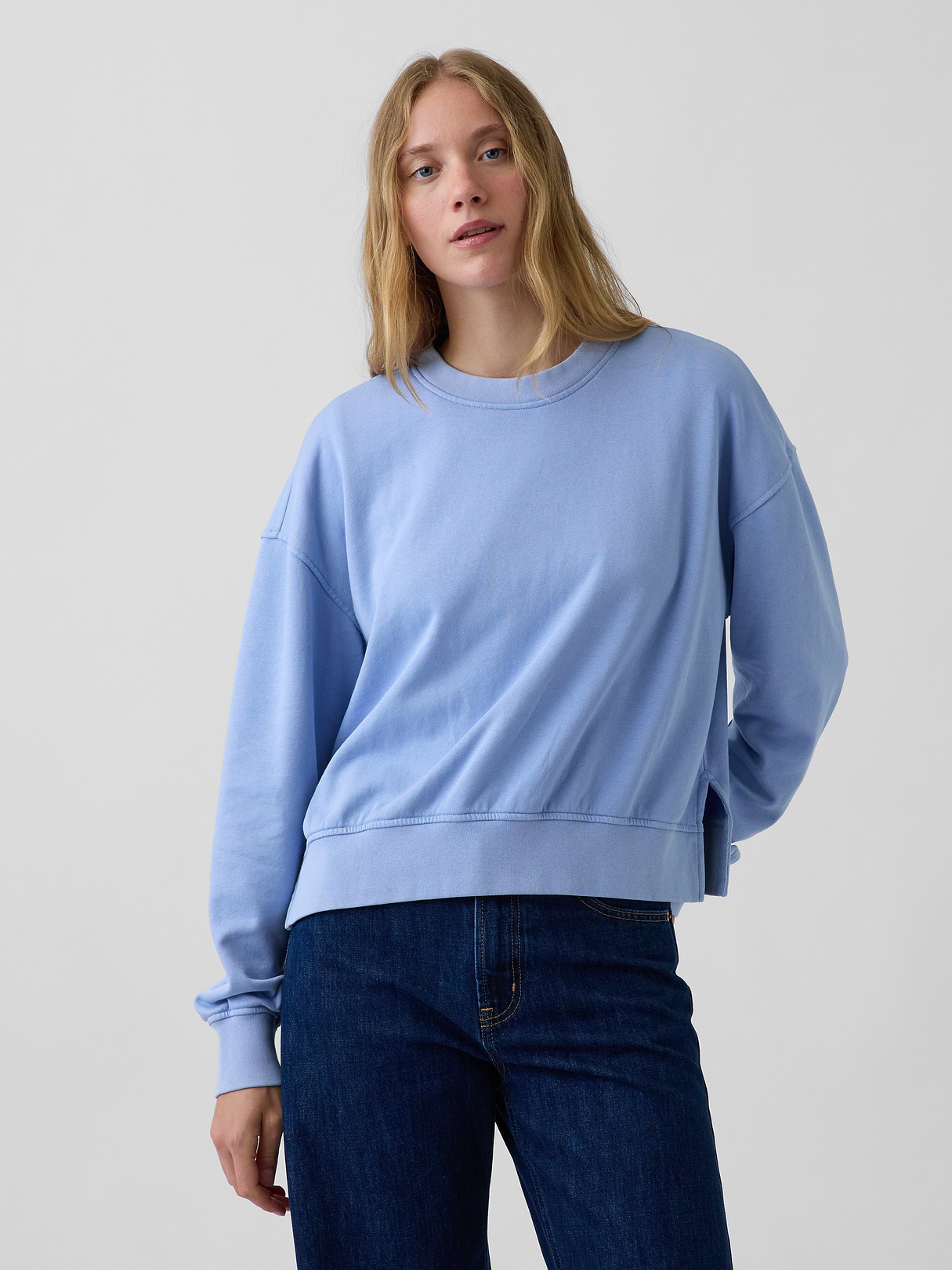 VintageSoft Terry Oversized Wedge Side-Slit Sweatshirt - Light blue