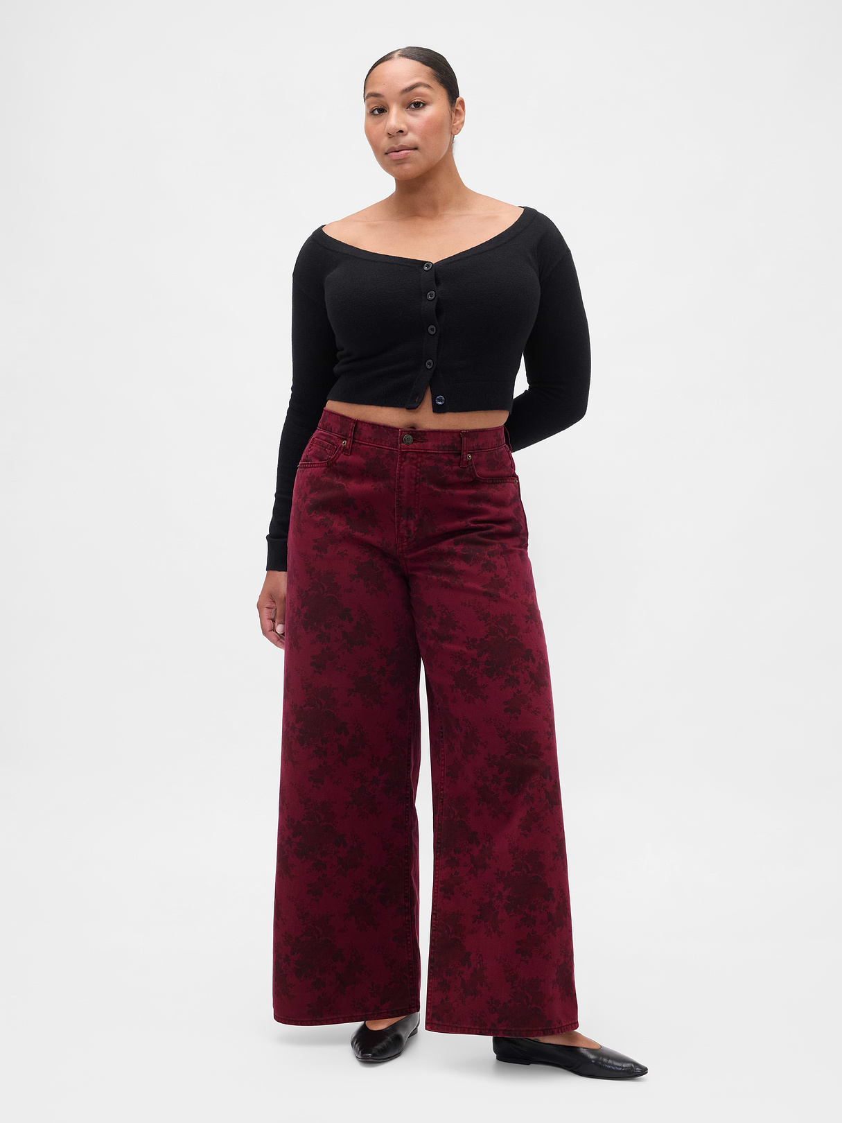 Mid Rise Denim Stripe Baggy Jeans - Red floral print