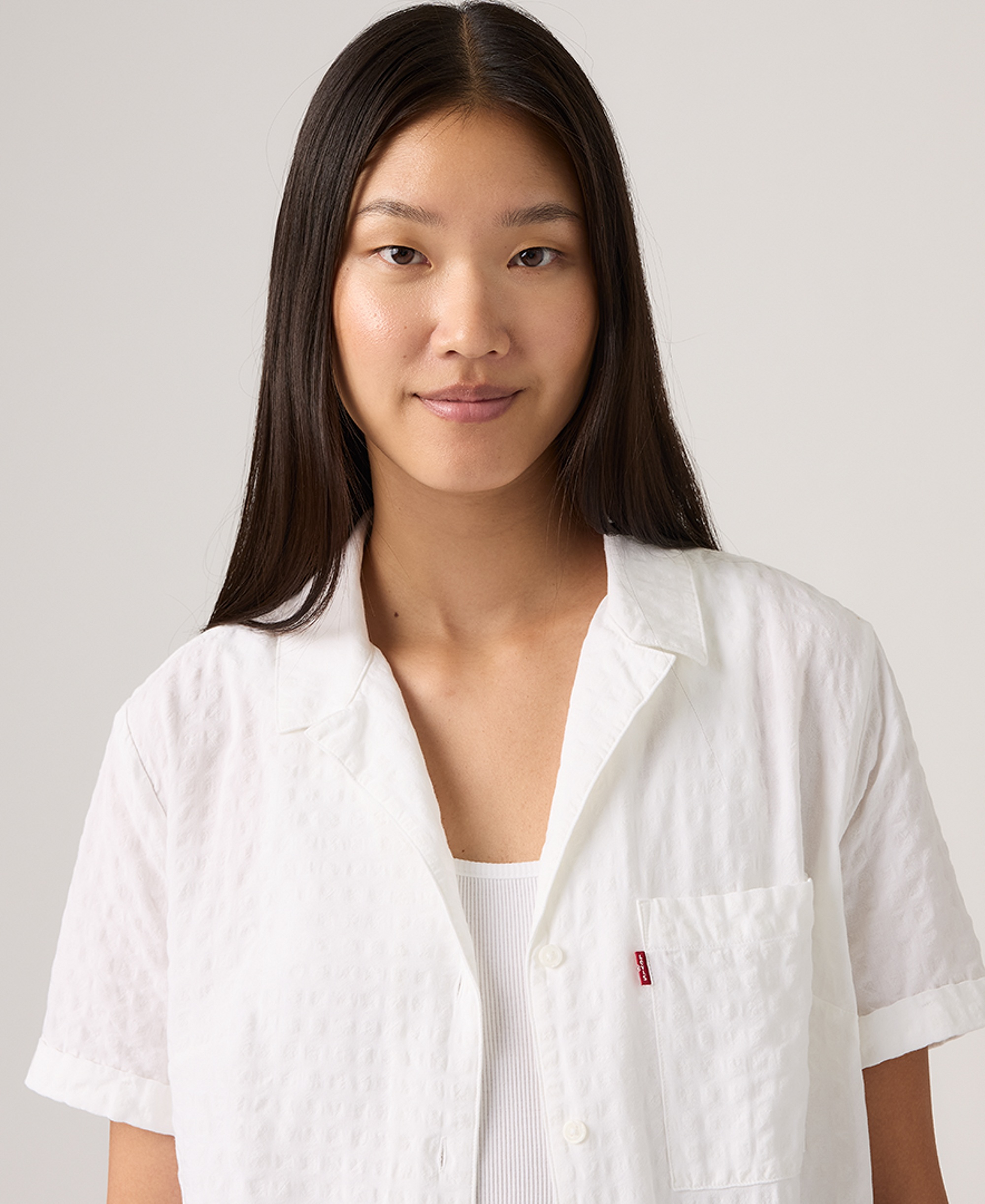 Levi's Women's Bennie Short-Sleeve Camp Shirt - Ilona Windowpane Bright White