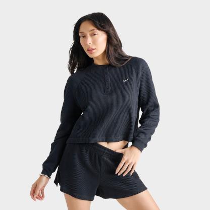 Women's Nike Sportswear Chill Waffle Oversized Long-Sleeve Henley Top - Black/Sail