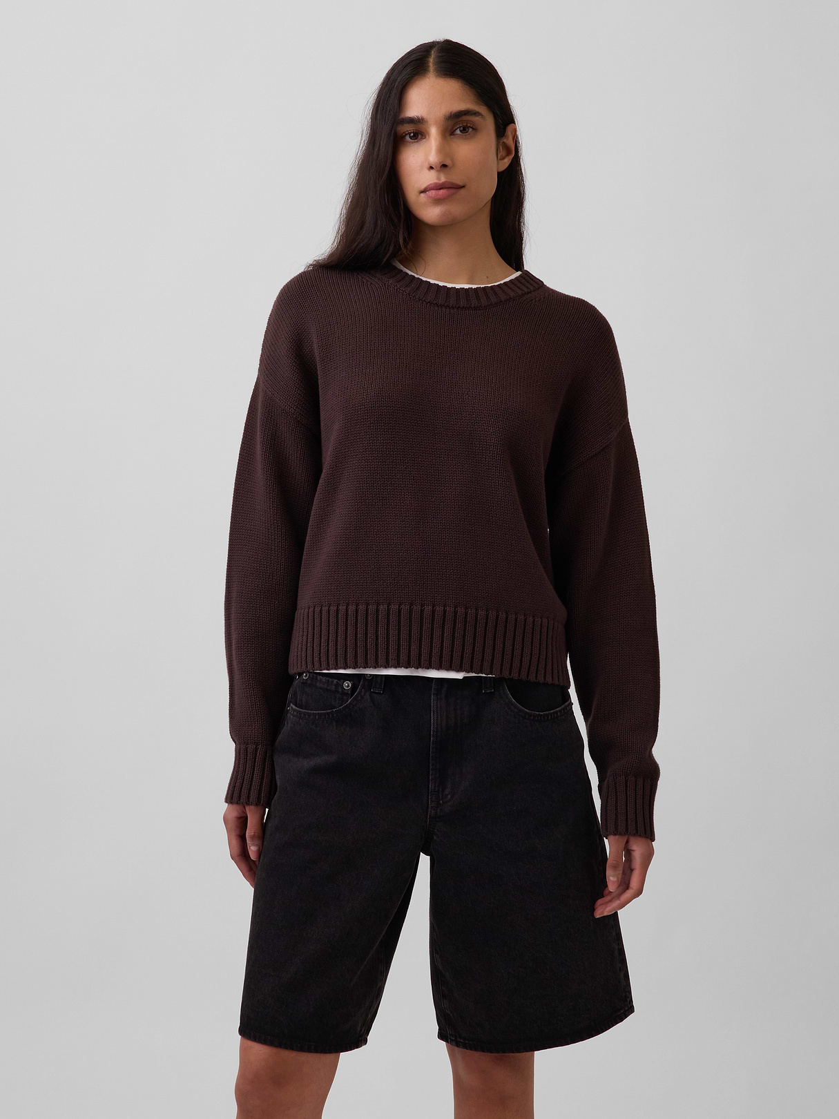 100% Cotton Oversized Crop Sweater - Terra brown