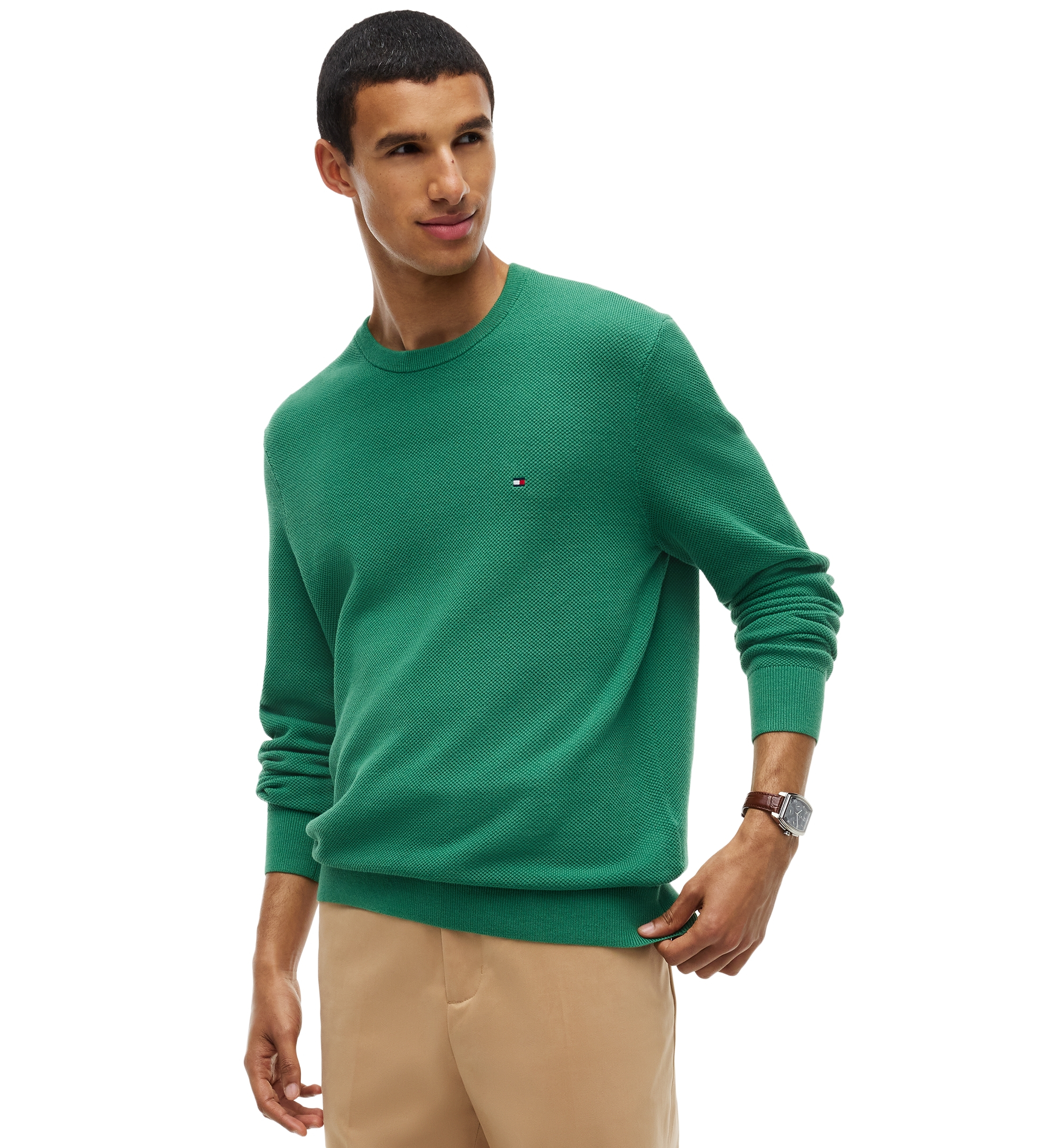 Tommy Hilfiger Men's Essential Texture Cotton Crewneck Sweater - Alaskan Green