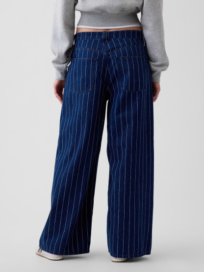 Mid Rise Denim Stripe Baggy Jeans - Navy blue stripe