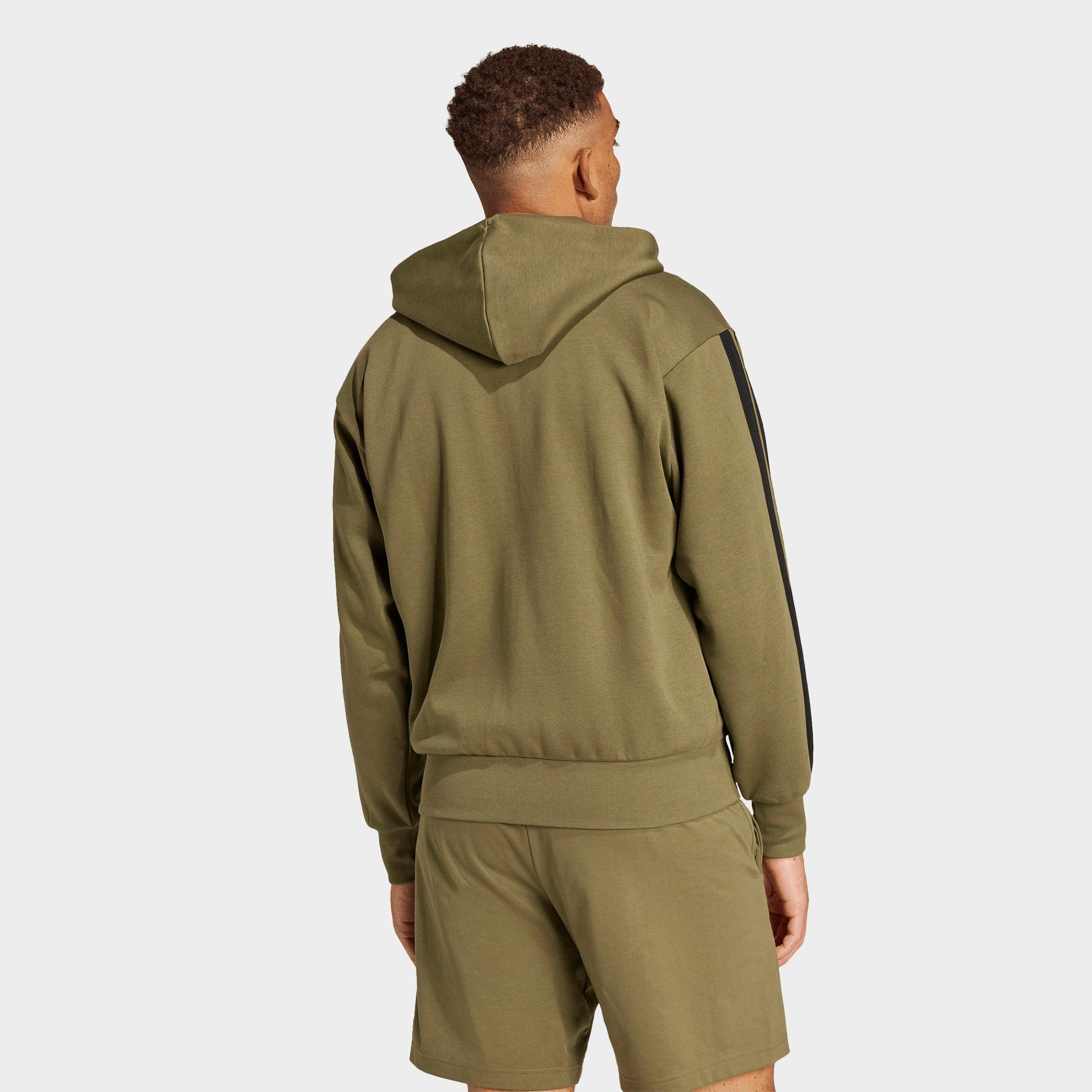 Men's adidas Essentials 3-Stripes Fleece Full-Zip Hoodie - Olive Strata/Black